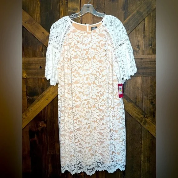 Depop Vince Camuto Ivory Dress NWT Vince Camuto Floral-Lace Scalloped Ivory  Dress Women's Size 18